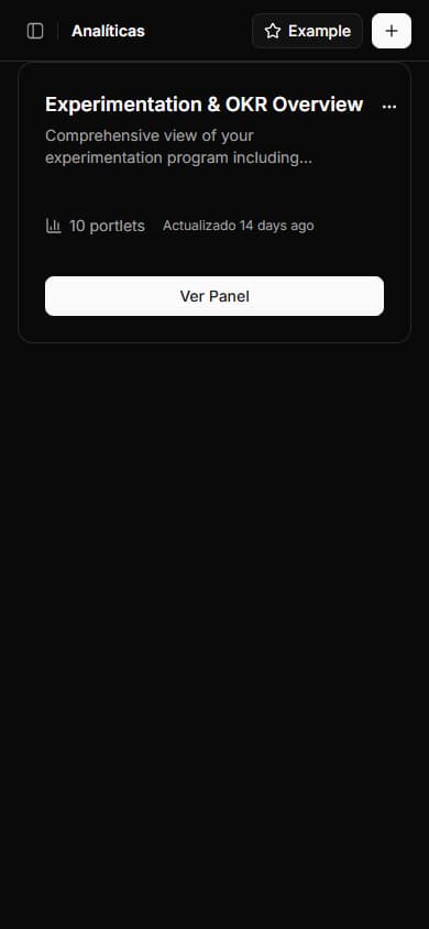 Vista general de analíticas mostrando lista de paneles e informes disponibles
