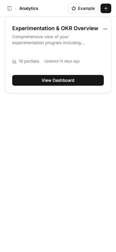 Analytics overview showing list of available dashboards and reports