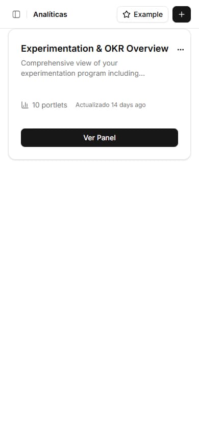Vista general de analíticas mostrando lista de paneles e informes disponibles