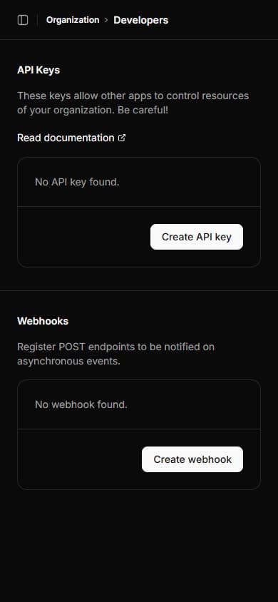 API documentation and webhook configuration panel with code examples and integration settings