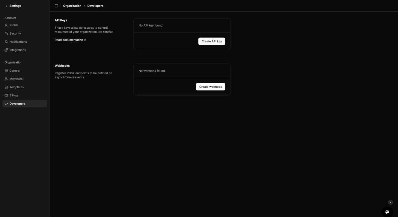 API documentation and webhook configuration panel with code examples and integration settings