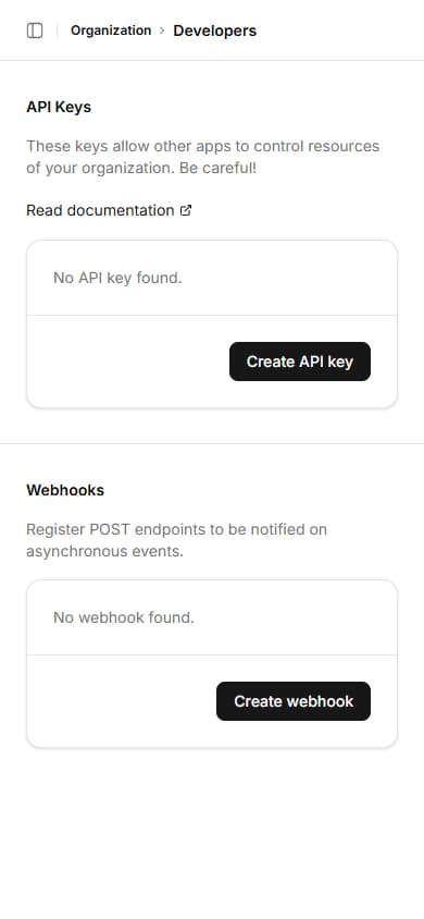 API documentation and webhook configuration panel with code examples and integration settings
