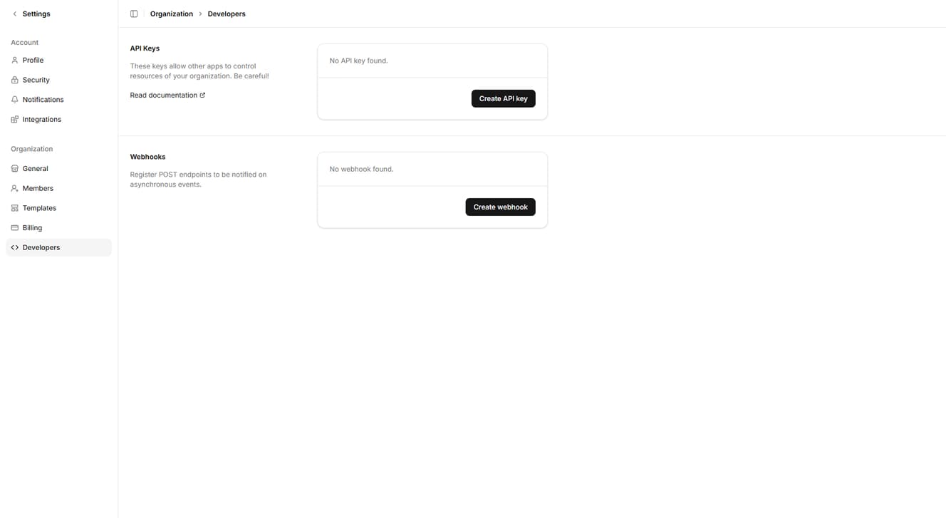 API documentation and webhook configuration panel with code examples and integration settings