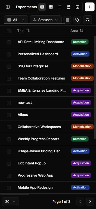 Experiments dashboard showing a table view with sortable columns for experiment name, status, owner, and metrics