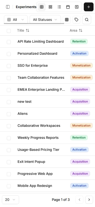 Experiments dashboard showing a table view with sortable columns for experiment name, status, owner, and metrics