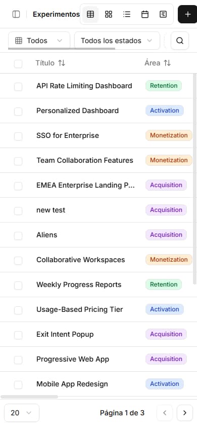 Panel de experimentos mostrando una vista de tabla con columnas ordenables para nombre, estado, responsable y métricas