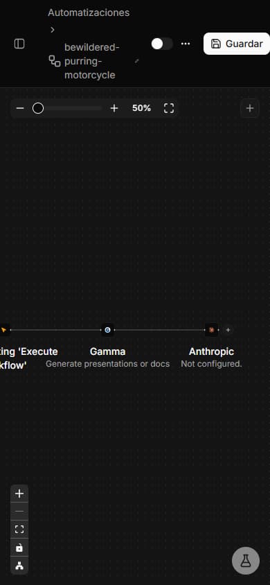 Editor visual de flujos de trabajo con nodos arrastrables para construir secuencias de automatización