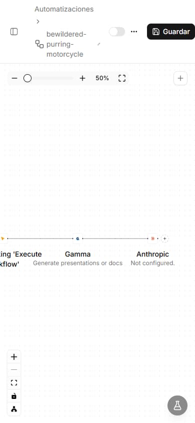 Editor visual de flujos de trabajo con nodos arrastrables para construir secuencias de automatización