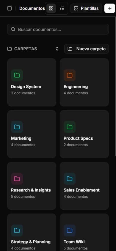Vista general de documentos mostrando lista de documentos y carpetas disponibles