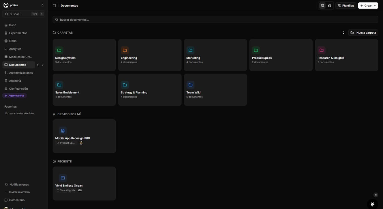 Vista general de documentos mostrando lista de documentos y carpetas disponibles