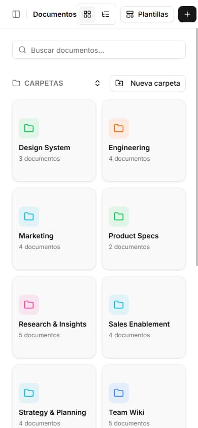 Vista general de documentos mostrando lista de documentos y carpetas disponibles
